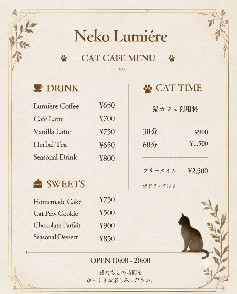 猫カフェ Lumière メニュー表